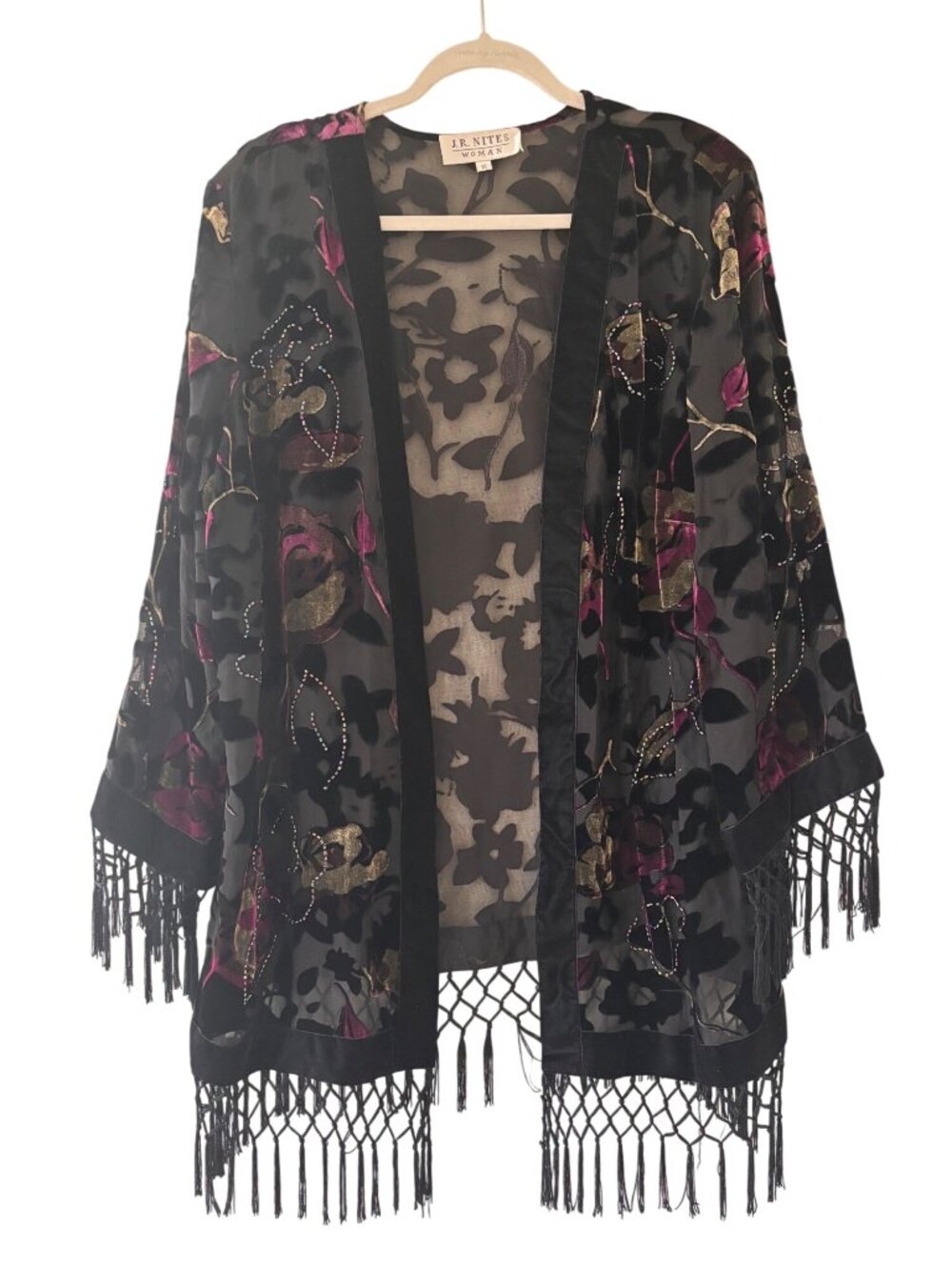 Vintage J.R. Nites Black Sheer Velvet Embroidered Open Front Kimono Fringe Trim